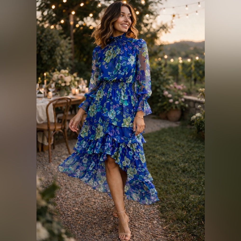 Misa Los Angeles Rania Dress Blue Floral Chiffon Smocked Midi Small